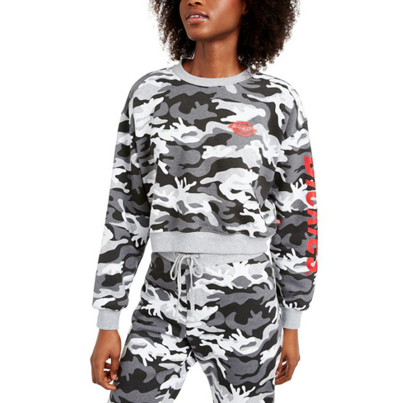 Dickies Camo Crop Sweatshirt M Gray White Camouflage Long Sleeve Top Shirt New - Picture 2 of 7